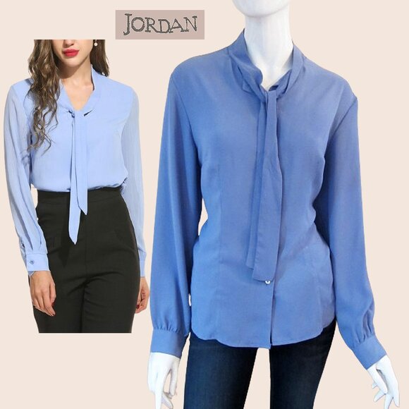 Jordan NEW Chiffon Necktie Hydrangea Color Long Sleeve Blouse XL - Picture 1 of 12